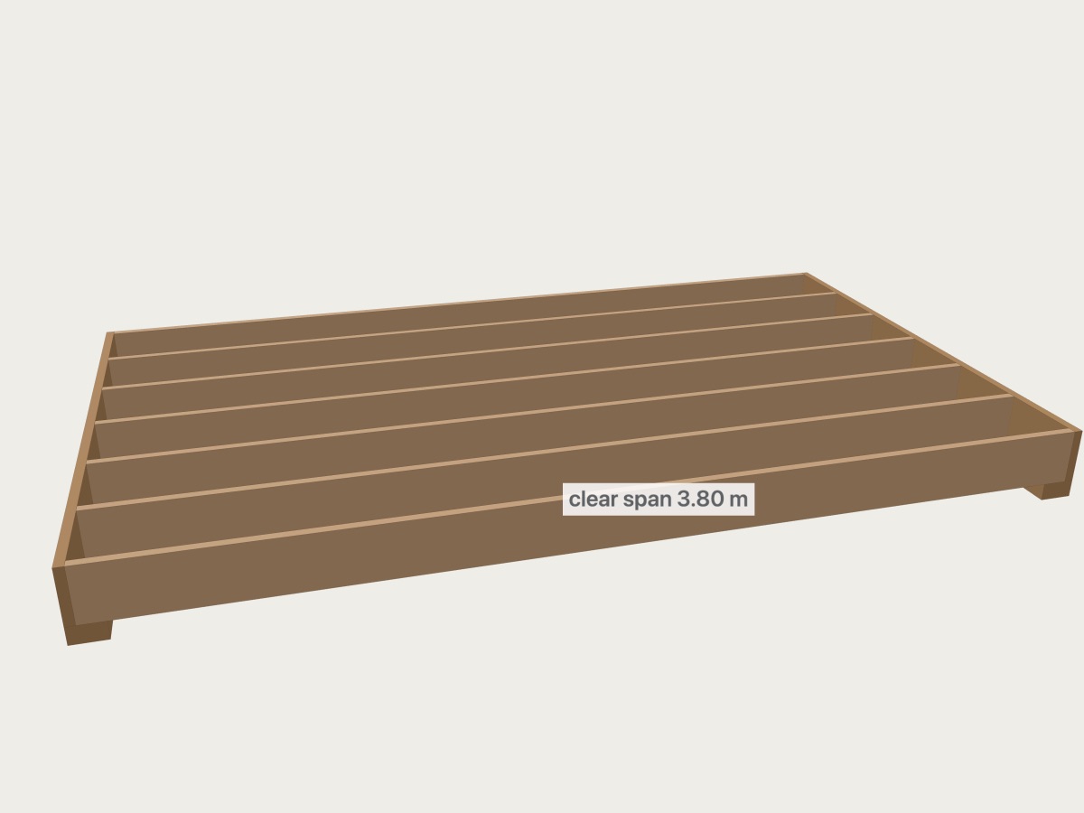 Floor joists with rim joists on two bearing walls in the WorkToCode 3D view